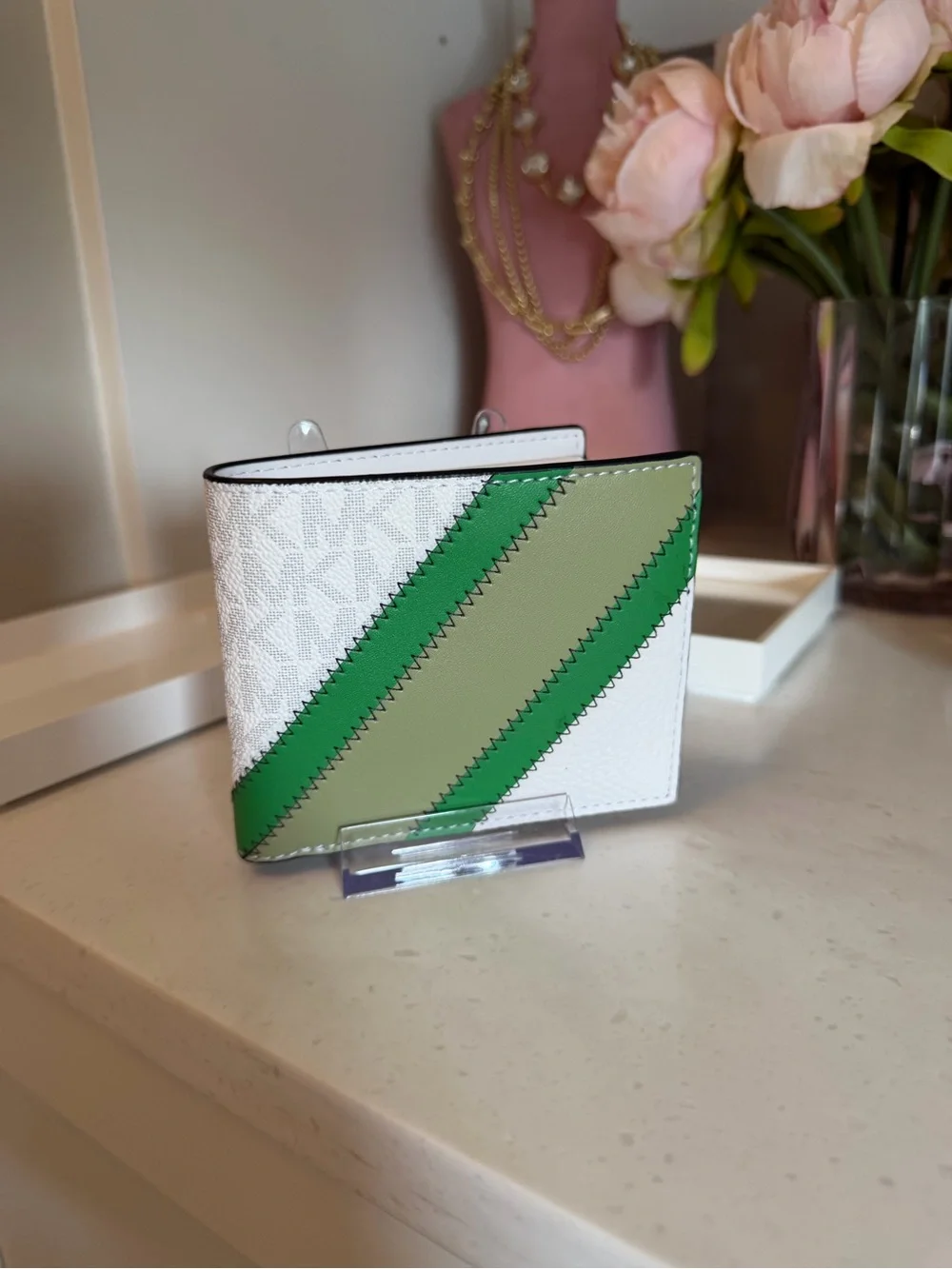 Michael Kors White Leather Bifold Wallet with Green Diagonal sport Stripes $178